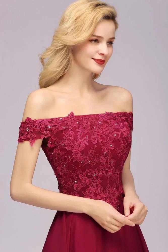 Off the Shoulder Floral Lace Short Homecoming Dress Burgundy Knee Length Chiffon Evening Dress - Image 7