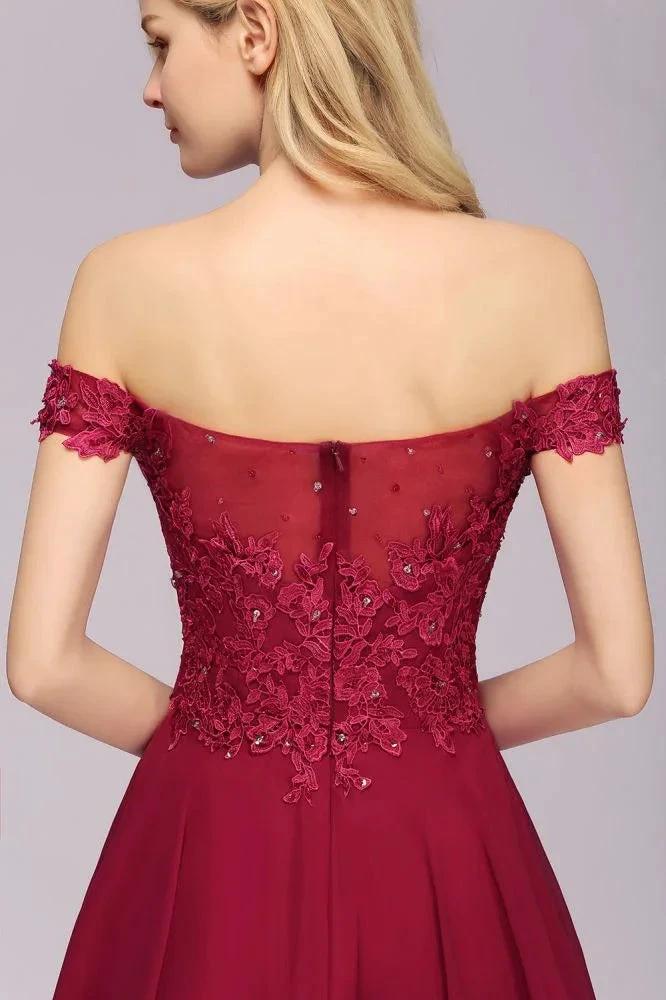 Off the Shoulder Floral Lace Short Homecoming Dress Burgundy Knee Length Chiffon Evening Dress - Image 8