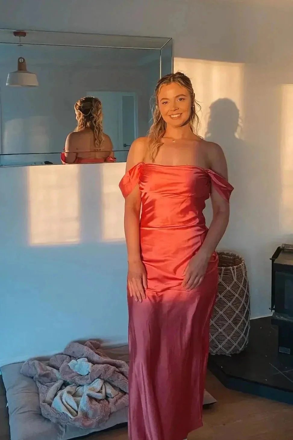 Marquina | Off the Shoulder Coral Mermaid Satin Long Party Dress - Image 3