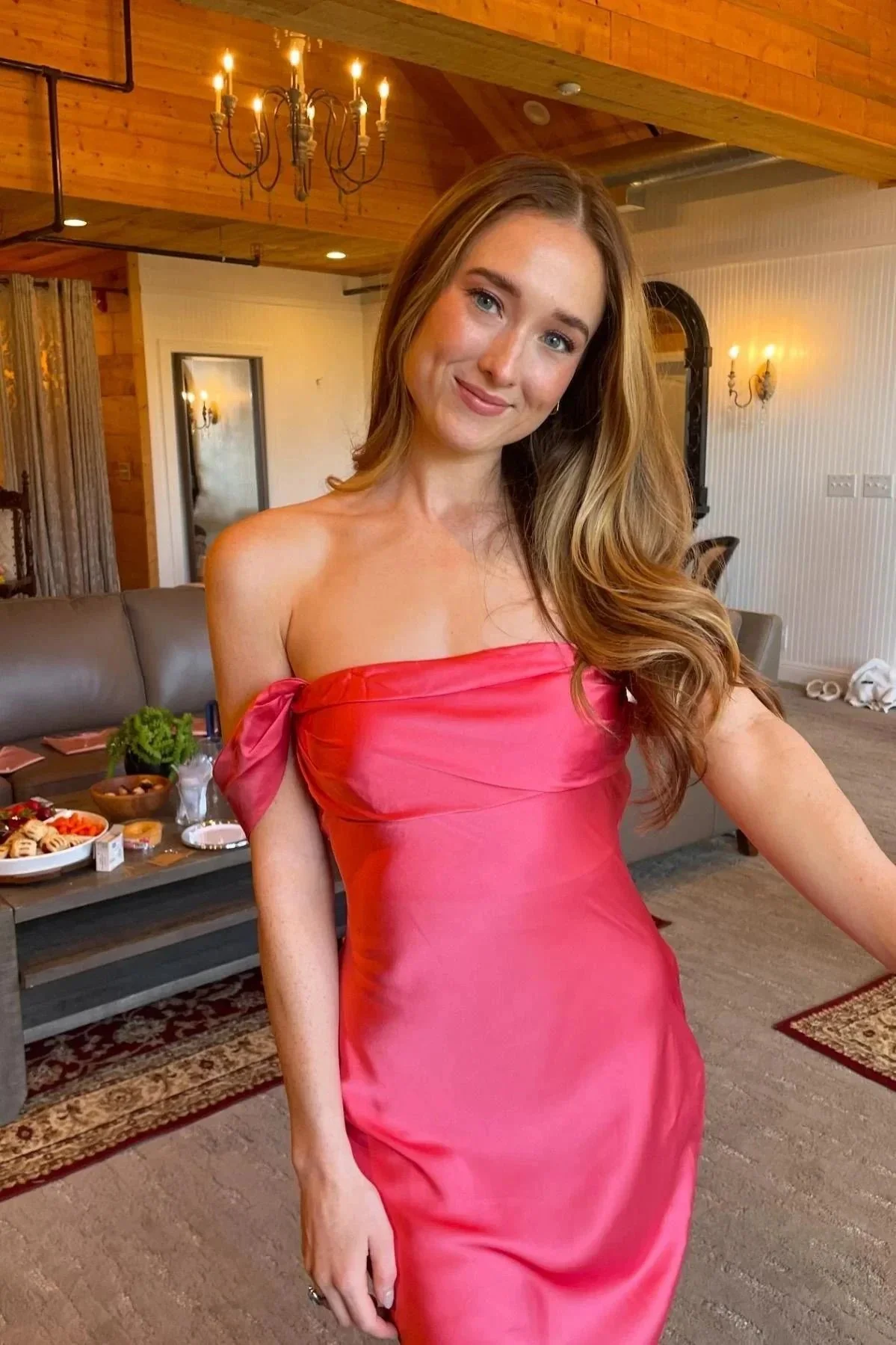 Marquina | Off the Shoulder Coral Mermaid Satin Long Party Dress - Image 4