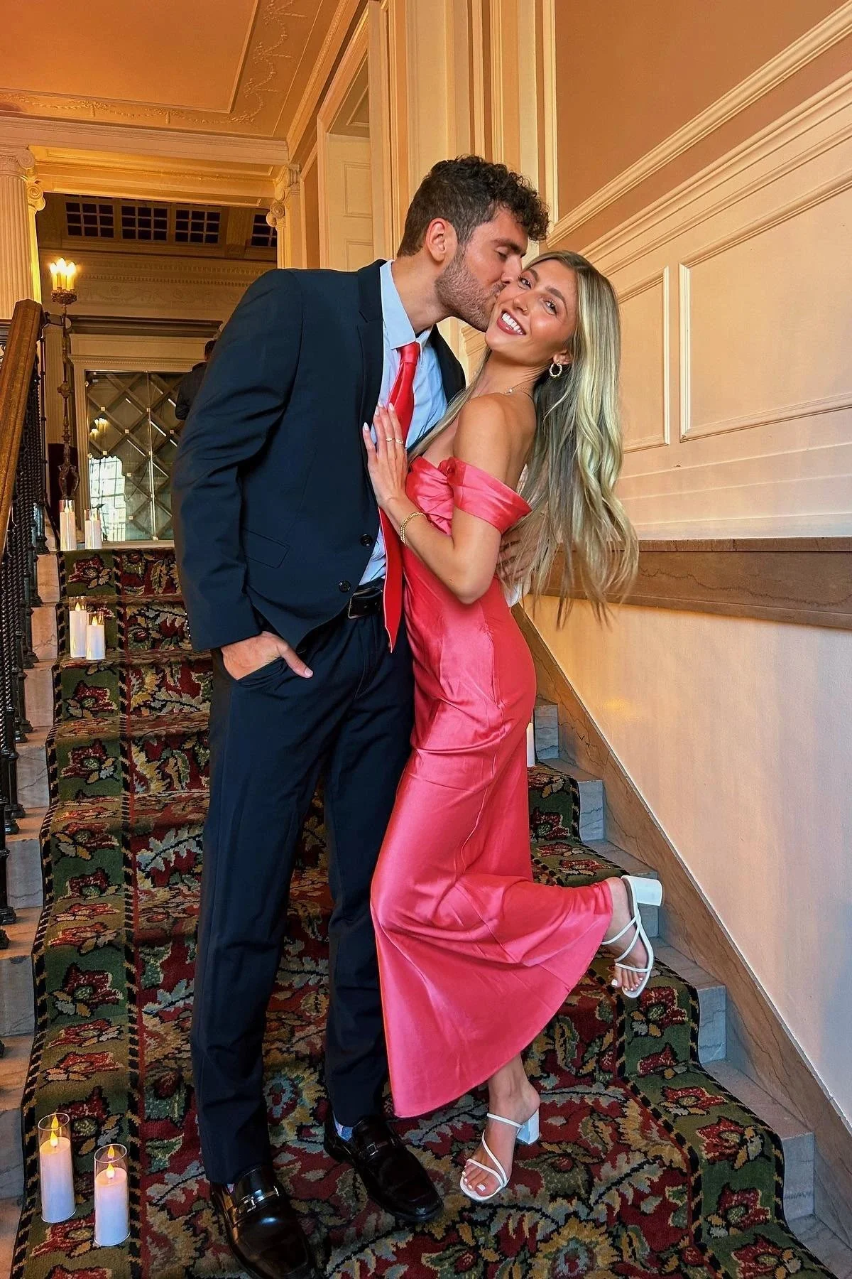 Marquina | Off the Shoulder Coral Mermaid Satin Long Party Dress - Image 5