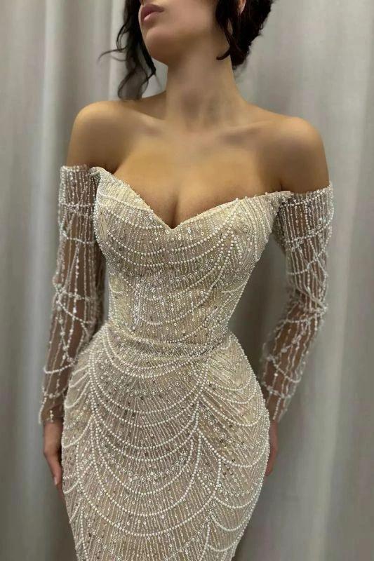 Off-the-Shoulder Glitter Pearls Evening Dresses Mermaid Long Sleeves Prom Dress with Beadings - Image 2