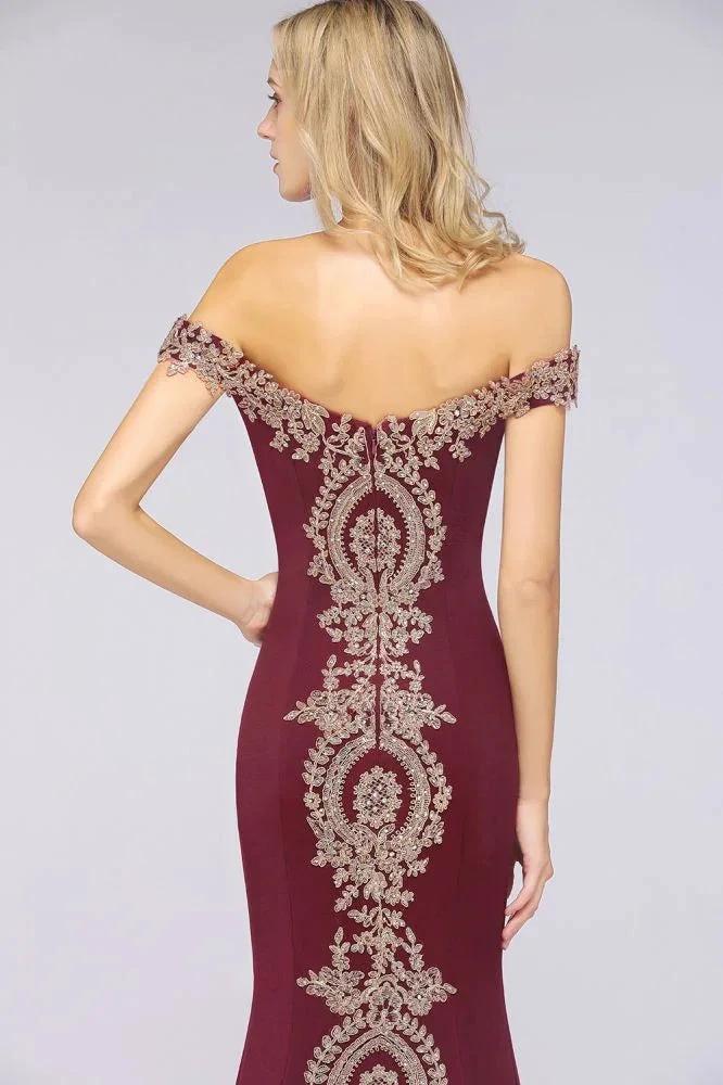 Off the Shoulder Gold Appliques Mermaid Evening Gowns Slim Prom Dress - Image 10