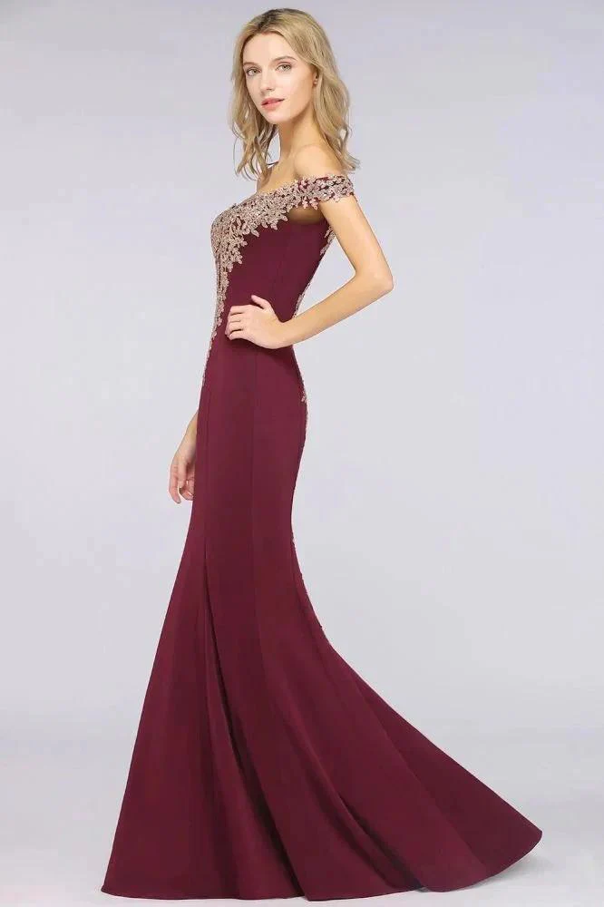 Off the Shoulder Gold Appliques Mermaid Evening Gowns Slim Prom Dress - Image 5
