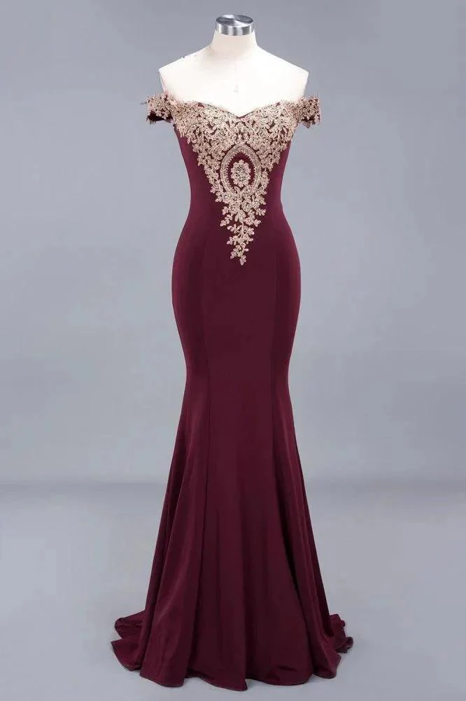 Off the Shoulder Gold Appliques Mermaid Evening Gowns Slim Prom Dress - Image 6