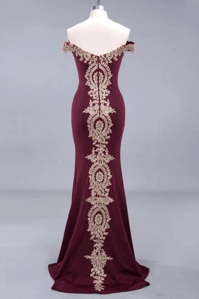 Off the Shoulder Gold Appliques Mermaid Evening Gowns Slim Prom Dress - Image 7