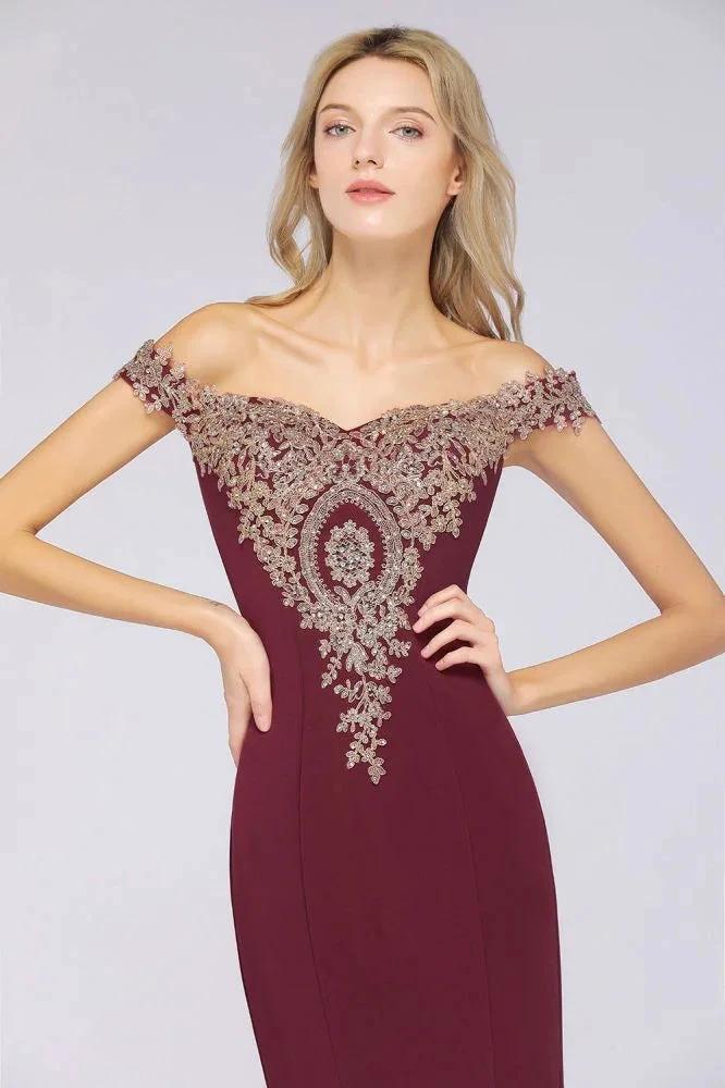 Off the Shoulder Gold Appliques Mermaid Evening Gowns Slim Prom Dress - Image 8