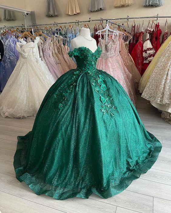 Off The Shoulder Green Ball Gown With Flowers Sweet 16 Dress Y525 - Image 2