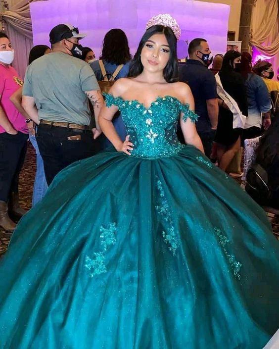 Off The Shoulder Green Tulle Ball Gown Green Quinceanera Dress Y290 - Image 2