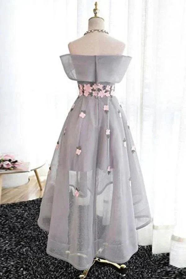 Off-the-Shoulder High Low Grey Tulle Homecoming Dress With Appliques   PD243 - Image 2