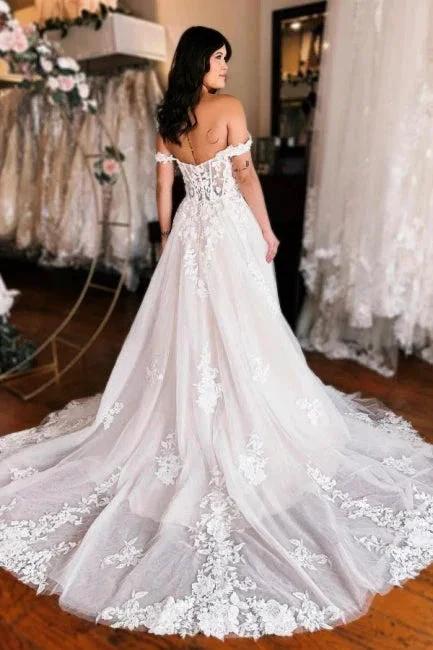 Off the shoulder high split A-line Lace Wedding Dress - Image 2