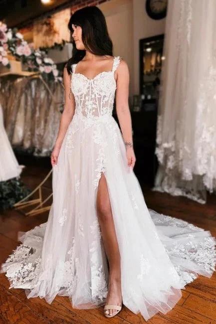 Off the shoulder high split A-line Lace Wedding Dress - Image 3
