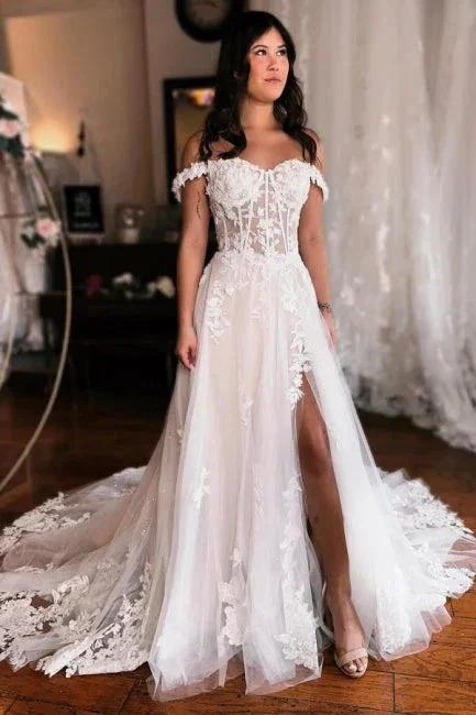 Off the shoulder high split A-line Lace Wedding Dress - Image 4