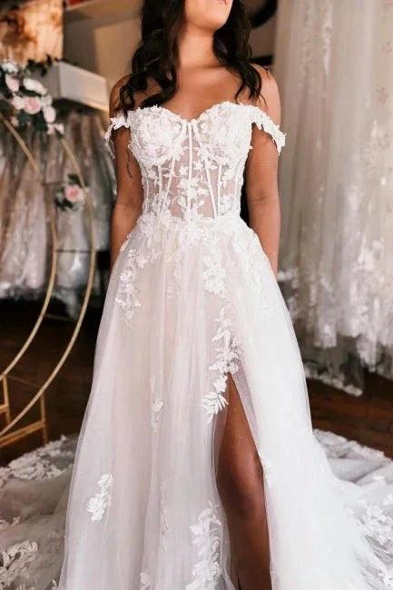 Off the shoulder high split A-line Lace Wedding Dress - Image 5