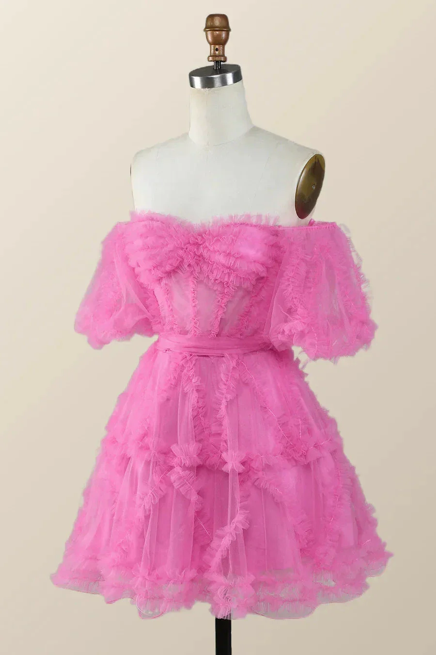 Off the Shoulder Hot Pink Ruffles Short A-line Homecoming Dress Y2783 - Image 2