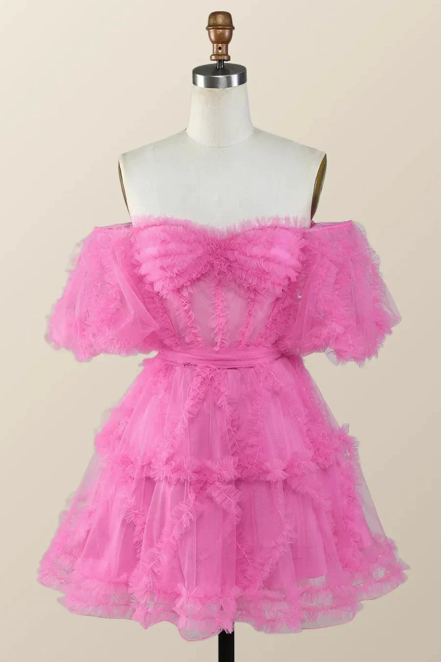 Off the Shoulder Hot Pink Ruffles Short A-line Homecoming Dress Y2783 - Image 3