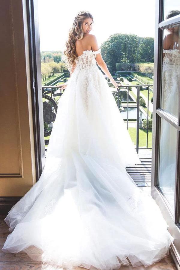 Off The Shoulder Lace Appliques Modest Tulle Princess Wedding Dress   WD445 - Image 2