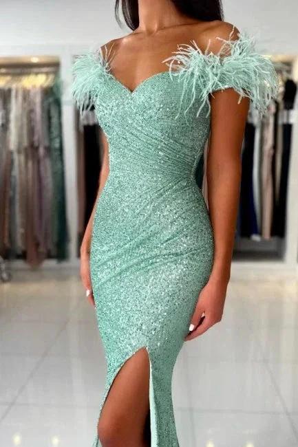 Off The Shoulder Light Green Split Front Prom Dress with Sequins - Image 4