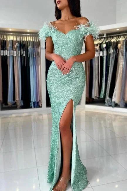 Off The Shoulder Light Green Split Front Prom Dress with Sequins - Image 5