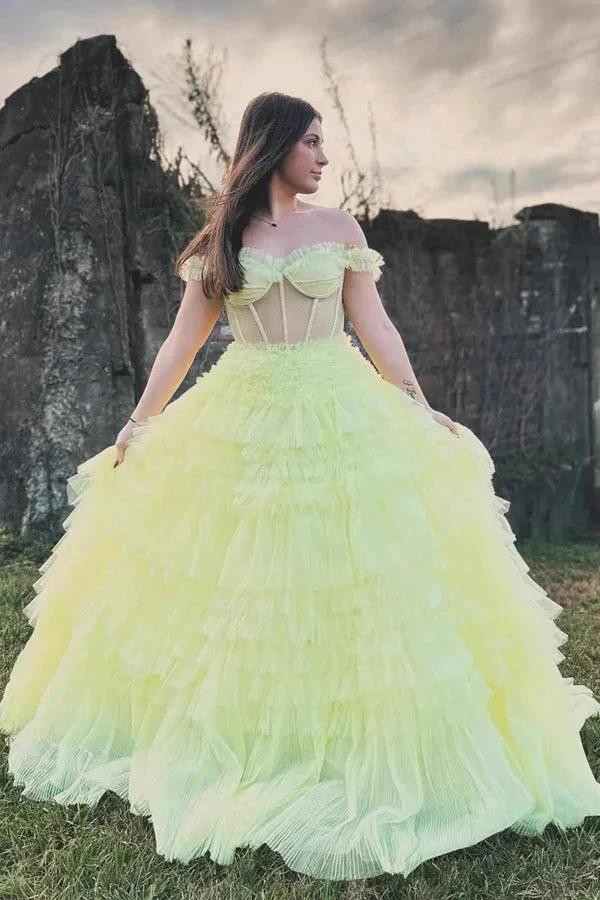Off the Shoulder Light Yellow Ruffle Layered Prom Dress PSK480 - Image 2