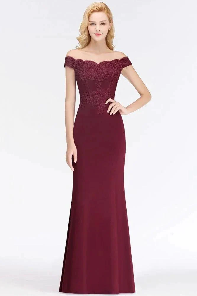 Off-the-shoulder Long Appliques Satin Mermaid Prom Gown Bridesmaid Dresses - Image 2