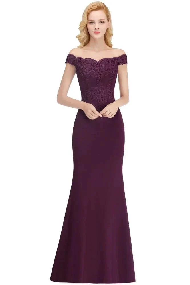Off-the-shoulder Long Appliques Satin Mermaid Prom Gown Bridesmaid Dresses - Image 3