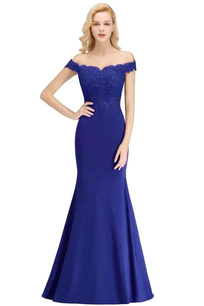 Off-the-shoulder Long Appliques Satin Mermaid Prom Gown Bridesmaid Dresses - Image 4