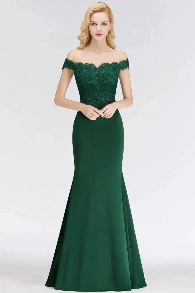 Off-the-shoulder Long Appliques Satin Mermaid Prom Gown Bridesmaid Dresses - Image 8