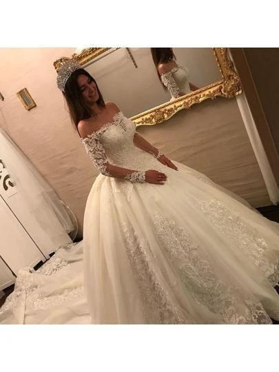 Off The Shoulder Long Sleeves Appliques Ball Gown Wedding Dress WD163 - Image 2