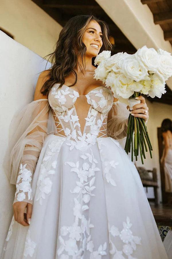 Off The Shoulder Long Sleeves Lace Appliques Bohemian Wedding Dress WD611 - Image 3