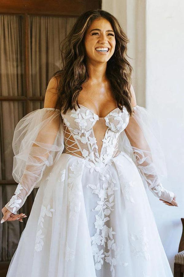 Off The Shoulder Long Sleeves Lace Appliques Bohemian Wedding Dress WD611 - Image 4