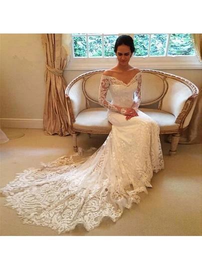 Off the Shoulder Long Sleeves Lace Wedding Dress Bridal Gown WD137 - Image 2