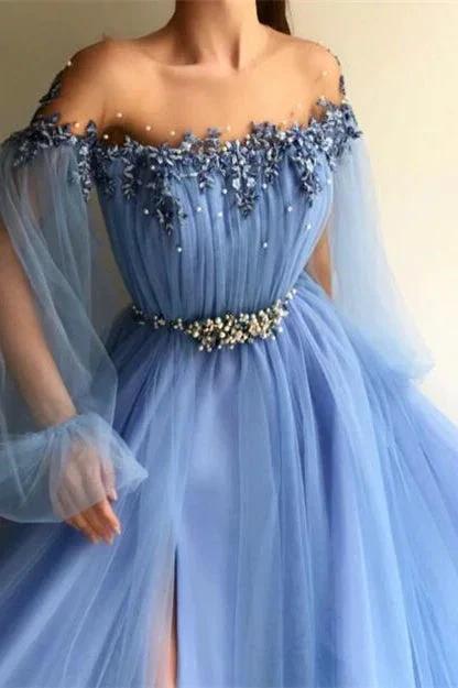 Off-the-Shoulder Long Sleeves Long Tulle Prom Dress With Beads and Slits - Image 2