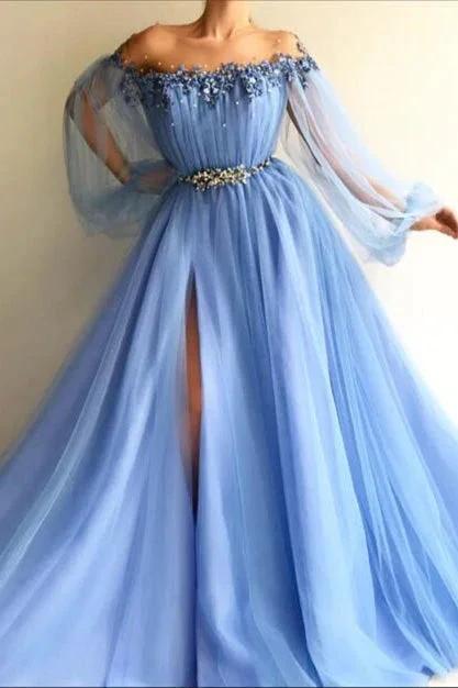 Off-the-Shoulder Long Sleeves Long Tulle Prom Dress With Beads and Slits - Image 3