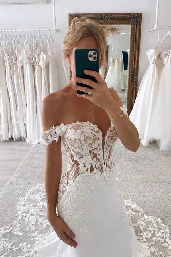Off the Shoulder Mermaid Bridal Gown with Scalloped Lace Train Wedding Dress WD636 - Image 2
