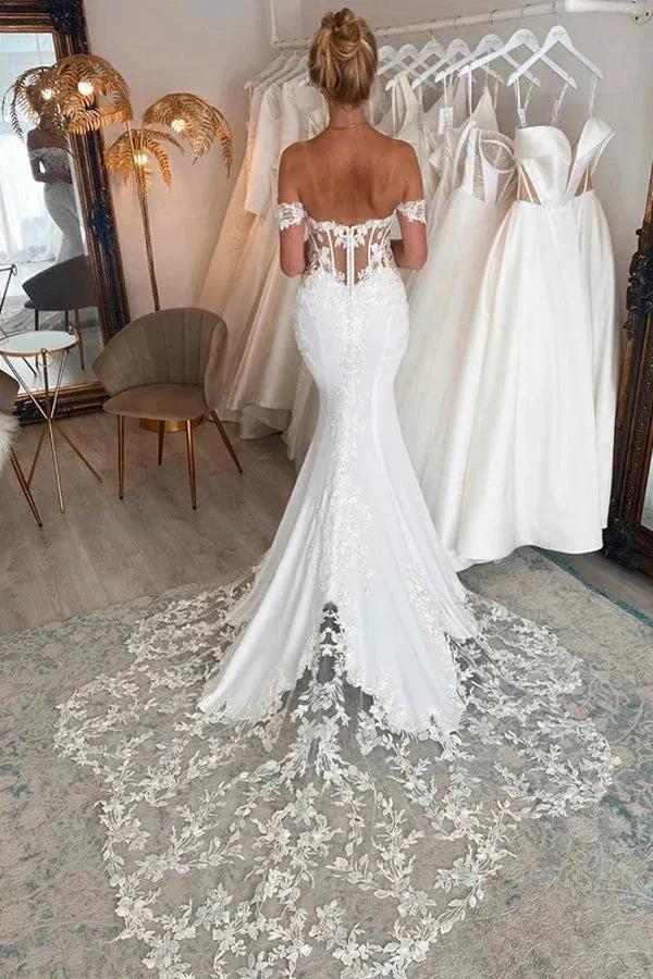 Off the Shoulder Mermaid Bridal Gown with Scalloped Lace Train Wedding Dress WD636 - Image 3