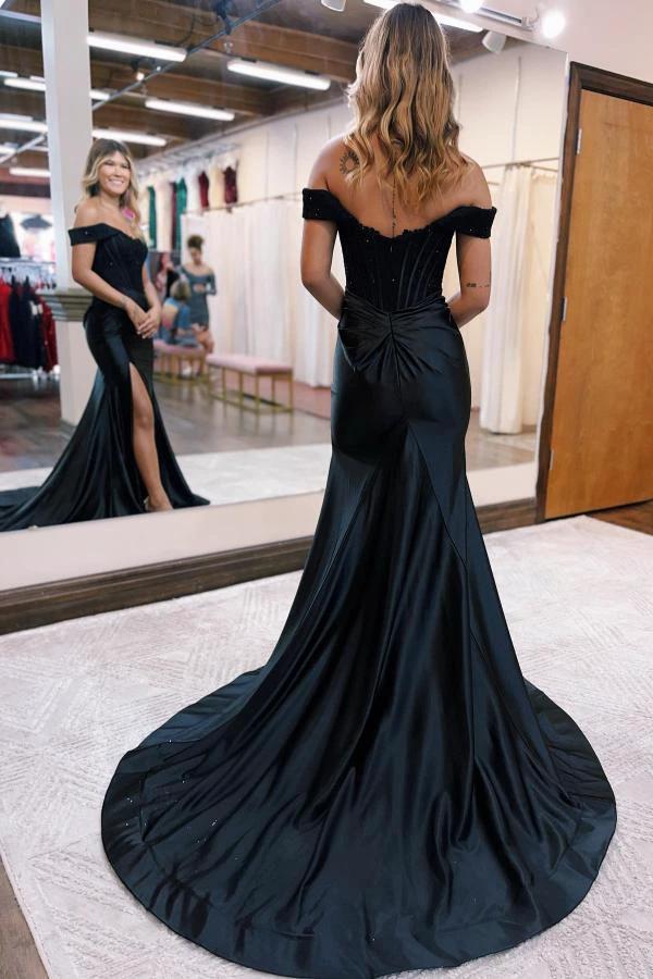 Off-the-shoulder Mermaid Satin Lace Long Prom Dresses With Split - Image 2