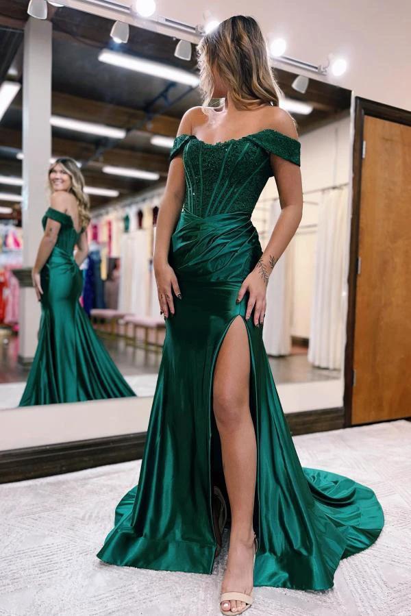 Off-the-shoulder Mermaid Satin Lace Long Prom Dresses With Split - Image 3