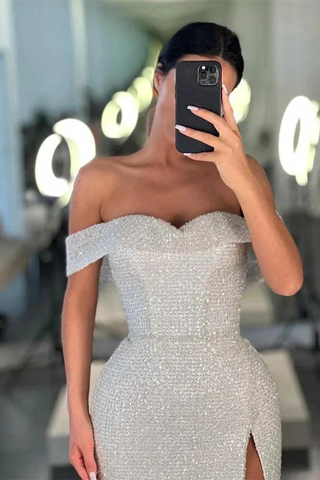 Off-the-Shoulder Mermaid Sequins White Prom Dress With Split - Image 2