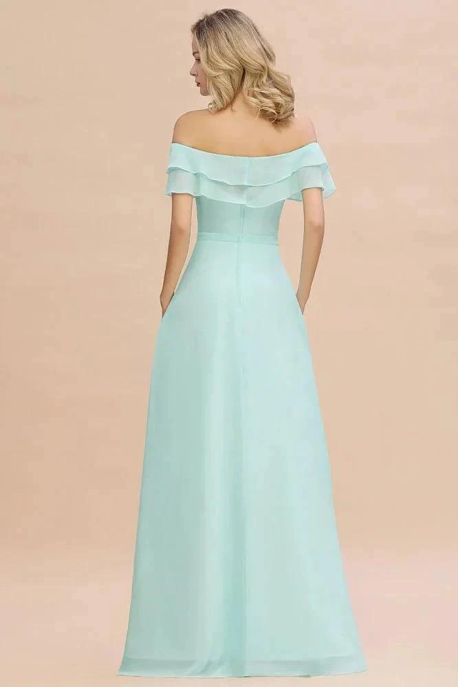 Off the Shoulder Mini-Green Front Slit Bridesmaid Dress Aline Beach Wedding Dress - Image 2