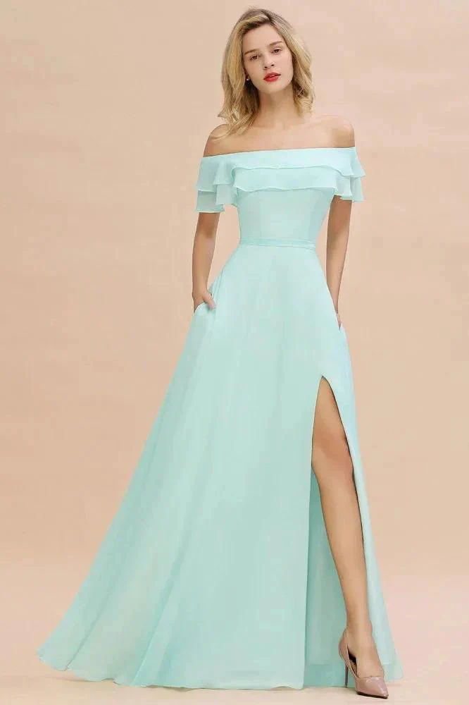 Off the Shoulder Mini-Green Front Slit Bridesmaid Dress Aline Beach Wedding Dress - Image 3