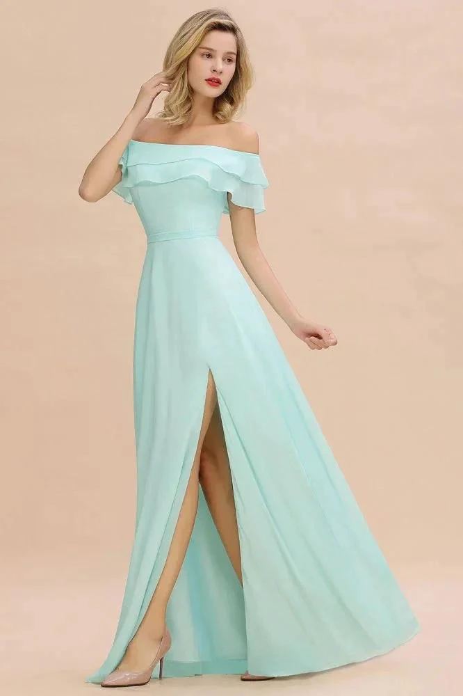 Off the Shoulder Mini-Green Front Slit Bridesmaid Dress Aline Beach Wedding Dress - Image 4