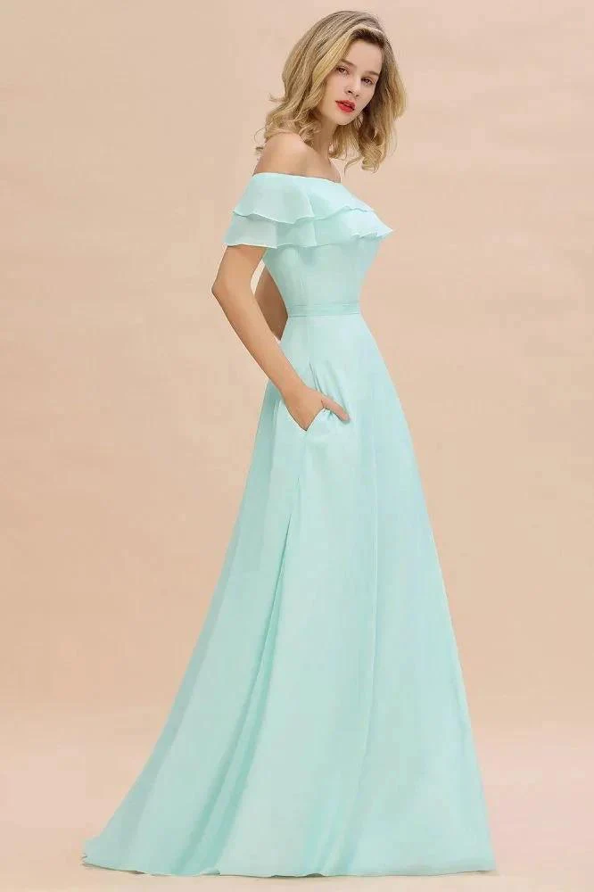 Off the Shoulder Mini-Green Front Slit Bridesmaid Dress Aline Beach Wedding Dress - Image 5