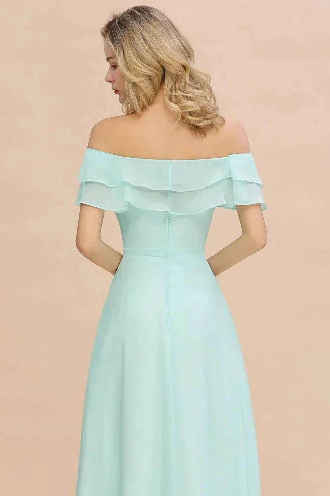 Off the Shoulder Mini-Green Front Slit Bridesmaid Dress Aline Beach Wedding Dress - Image 7