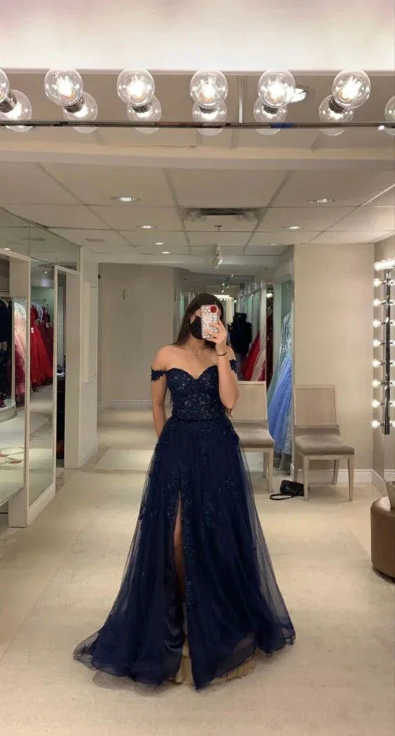 Off The Shoulder Navy Evening Dress With Split Navy Blue Graduation Dress Y6781 - Image 2