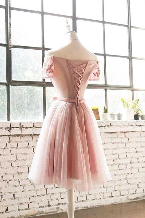 Off The Shoulder Pink Lace Tulle Short Prom Dress Homecoming Dress PD200 - Image 2