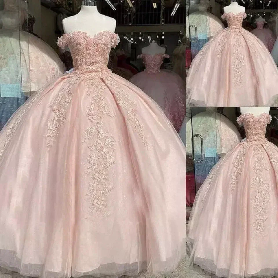 Off The Shoulder Pink Quinceanera Dresses Lace Applique Sweet 16 Dress Ball Gown Y395 - Image 3