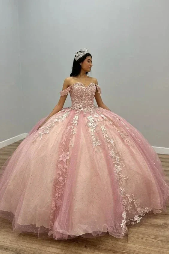 Off The Shoulder Pink Tulle Appliques Ball Gown Quinceanera Dress Y5882 - Image 2