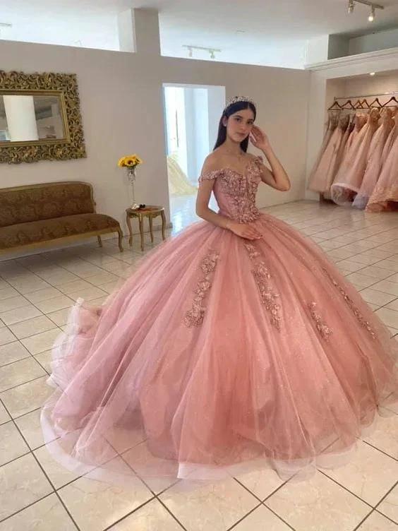 Off The Shoulder Pink Tulle Ball Gown Sweet 16 Dress Princess Dress Y582 - Image 2
