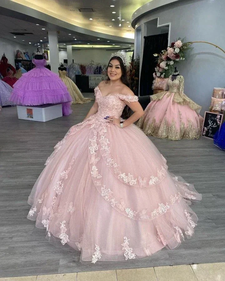 Off The Shoulder Pink Tulle Lace Ball Gown,Sweet 16 Dress  Y2267 - Image 2
